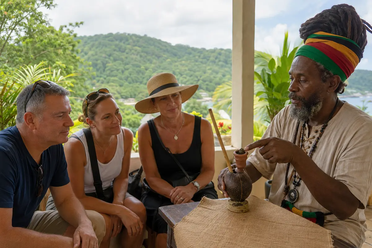 Rastafarian host sharing Jamaican ganja knowledge with visitors