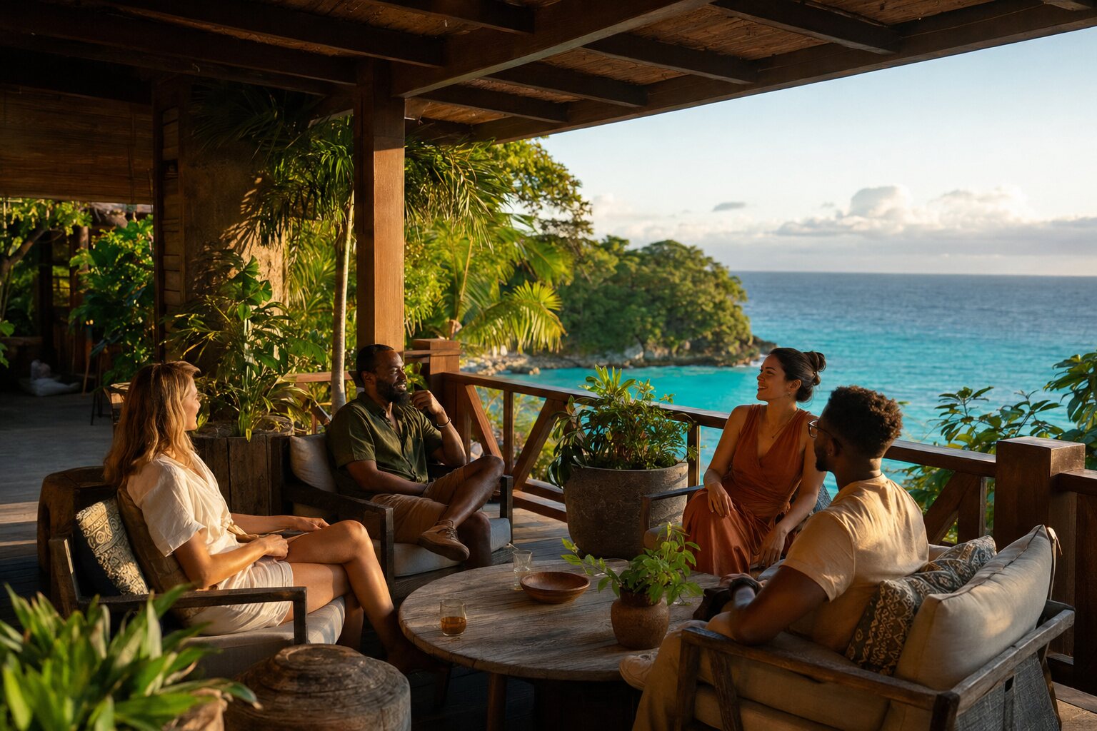 Adults seated in a separate open-air consumption lounge