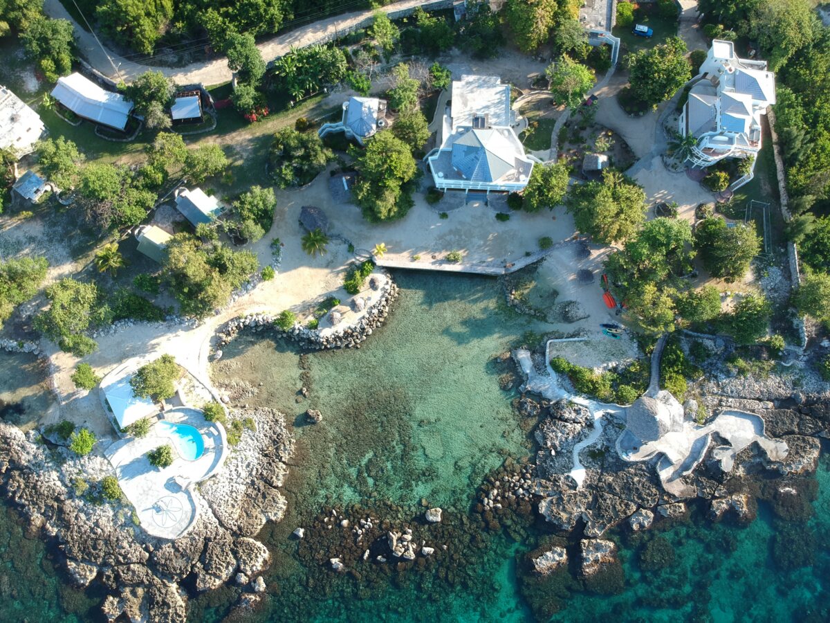 Aerial photograph of Coral Cove Wellness Resort in Little Bay