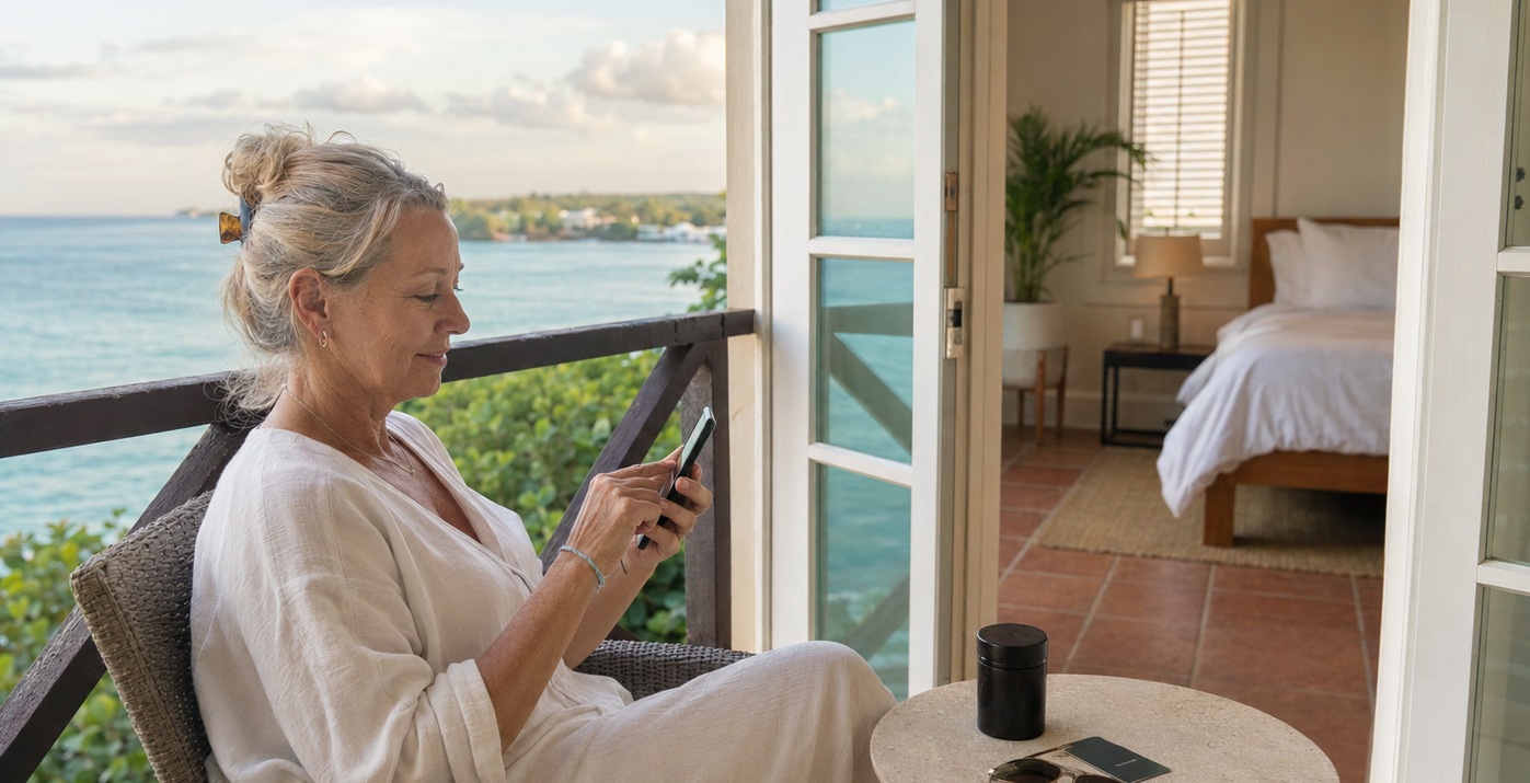Private tropical hotel balcony overlooking the Caribbean