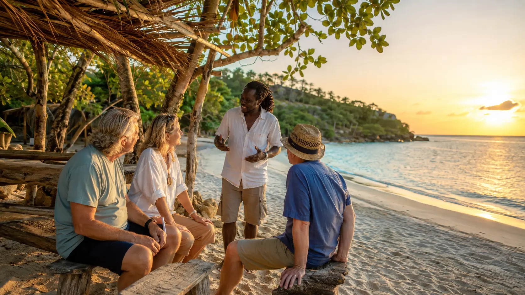 Travelers relaxing with their Jamaican guide at sunset