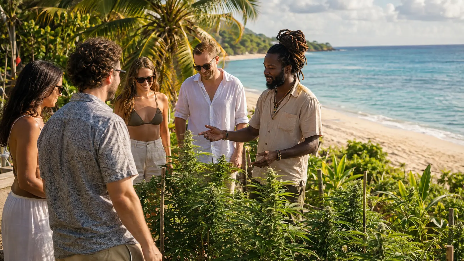 International visitors learning about cannabis from a Jamaican guide beside a Caribbean beach