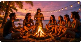Beach bonfire with travelers in Jamaica