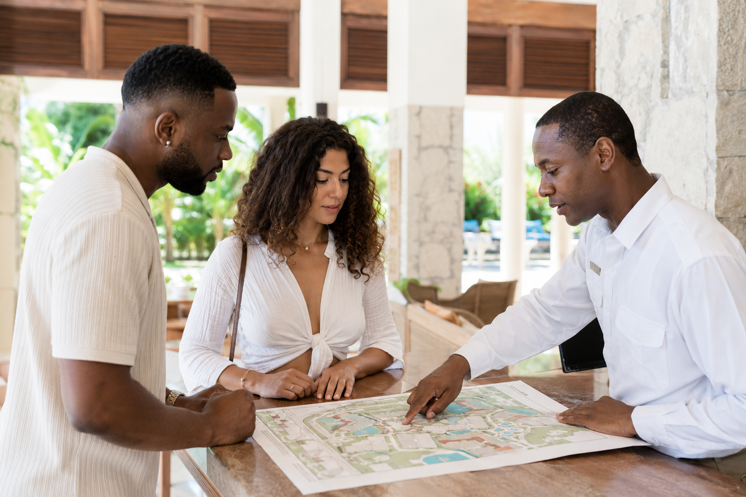 Hotel guests confirming a delivery meeting point with a Jamaican resort concierge