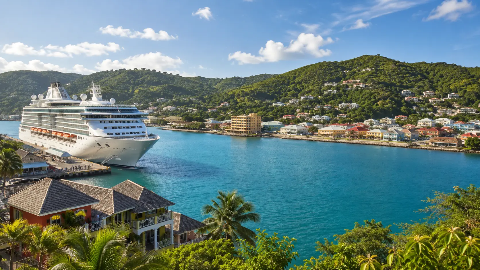 Jamaican cruise harbor and coastal hills