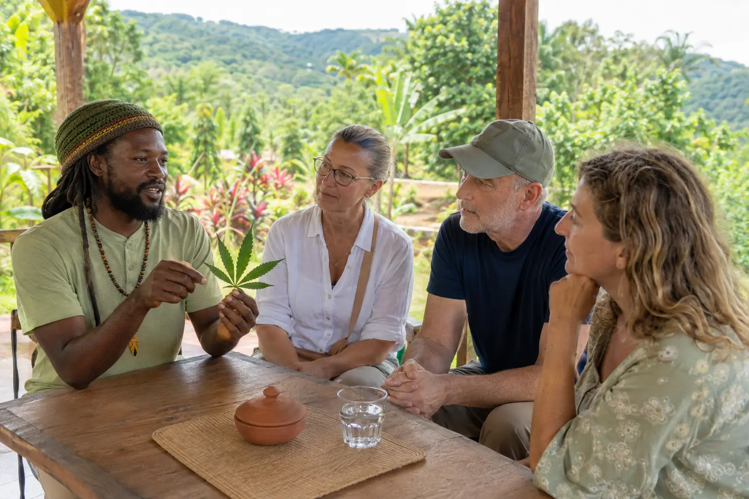 Jamaican guide giving tourists a cultural and ganja-etiquette orientation