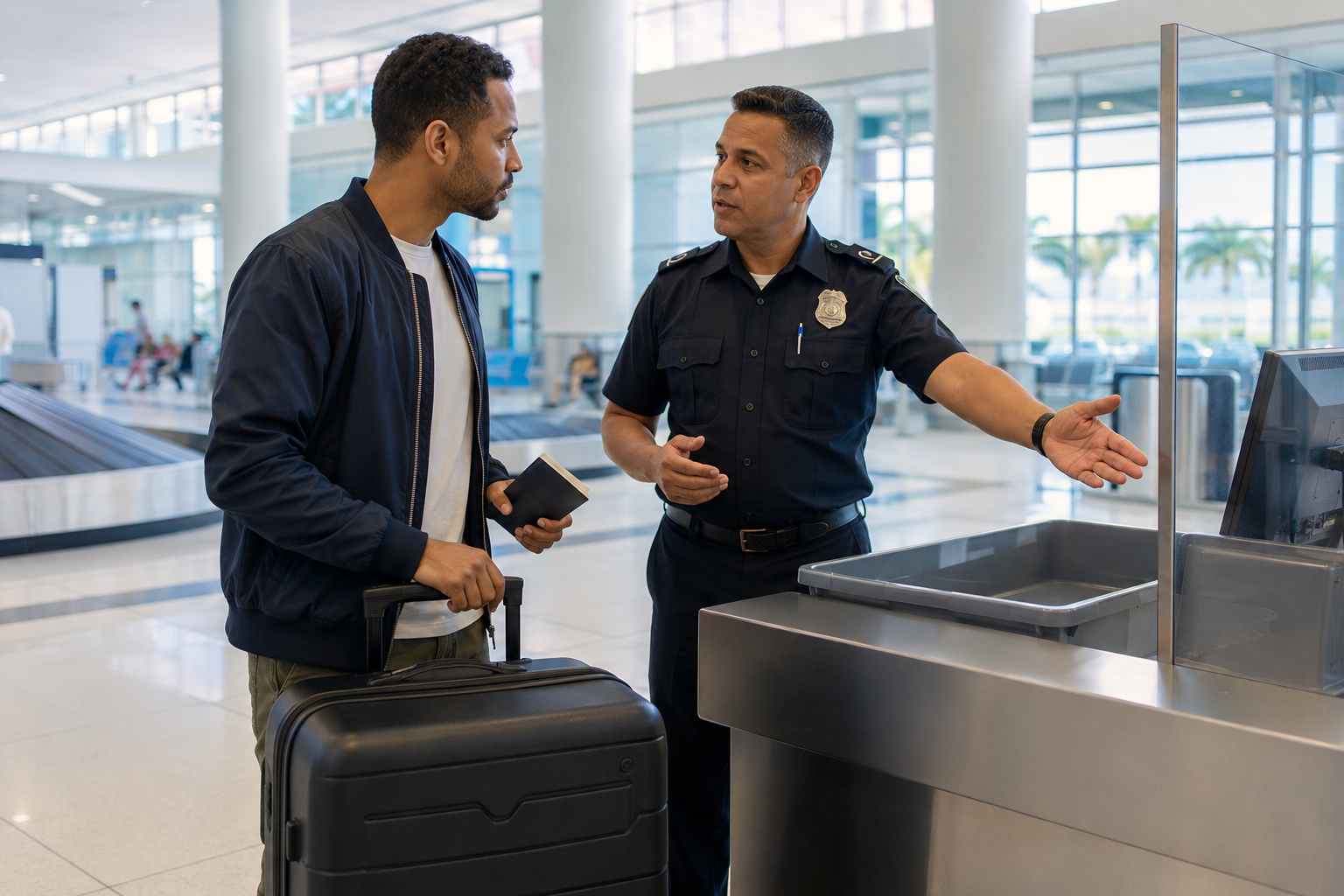 International traveler receiving guidance from a customs officer