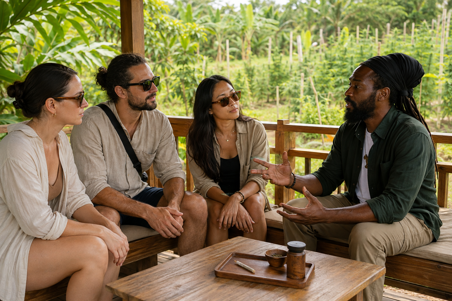 Guide explaining a designated private area to adult tour guests