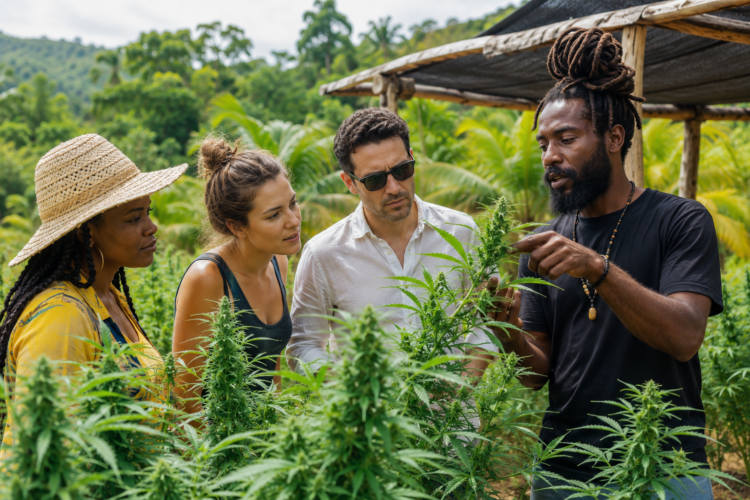 Jamaican farm guide explaining cannabis cultivation to adult visitors