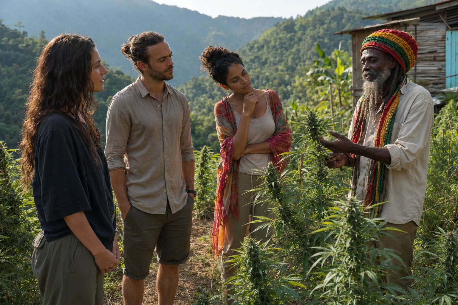 Adult visitors learning about traditional Jamaican ganja culture on a hillside farm