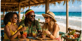 Travelers enjoying food and drinks in Jamaica