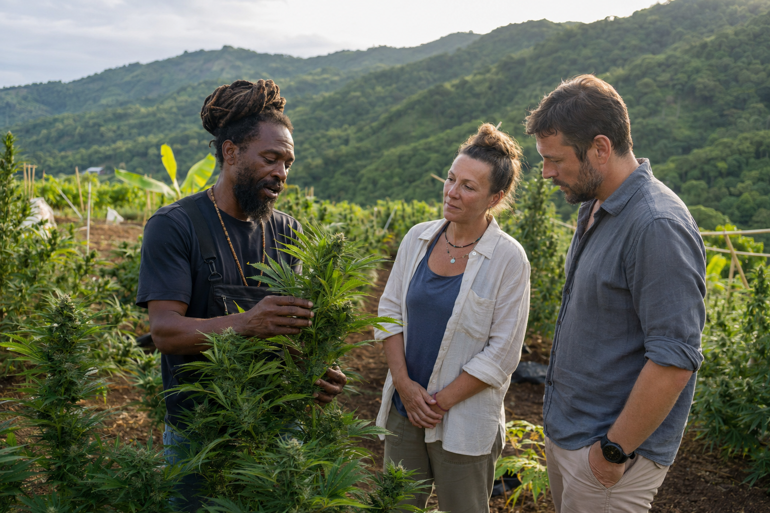 Travelers learning about cannabis cultivation on a Jamaican hillside farm