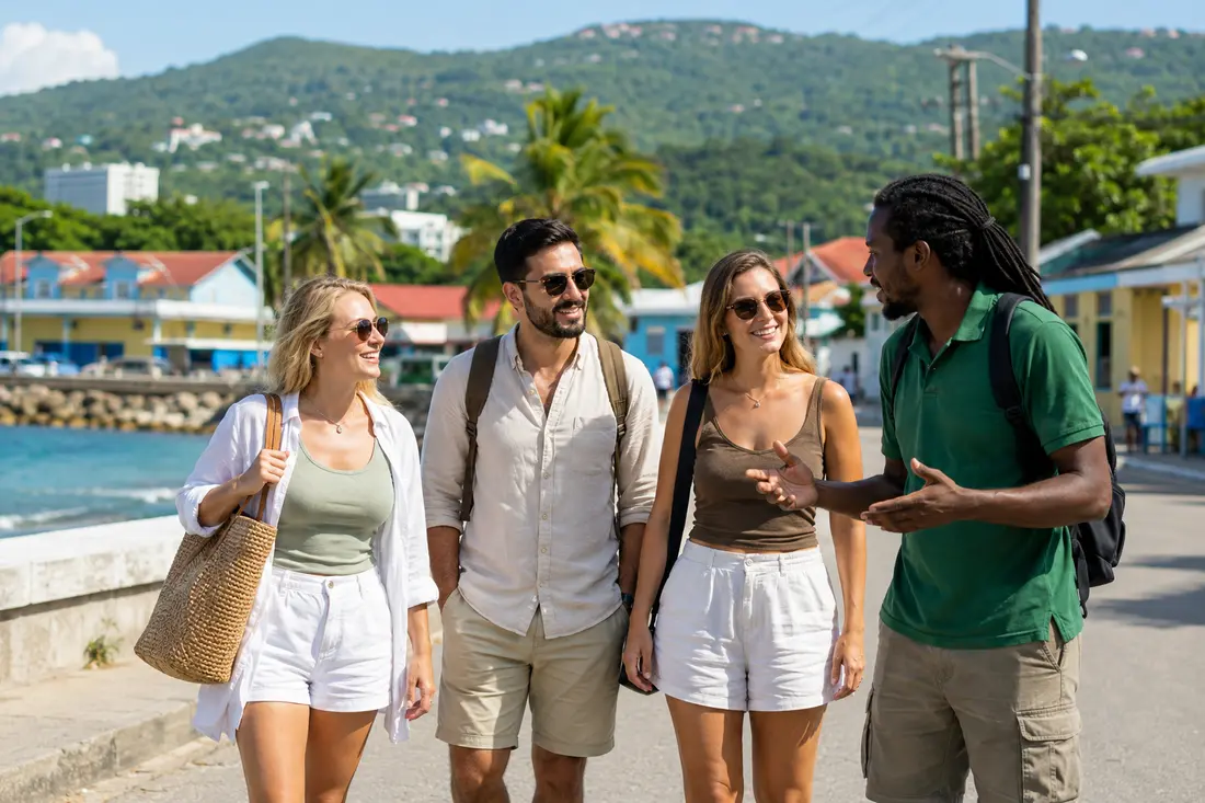 Tourists beginning a guided ganja-focused day on the Montego Bay waterfront