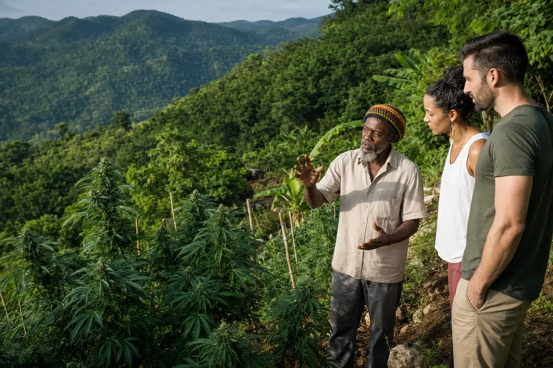 Visitors learning about cultivation on a Jamaican hillside ganja farm