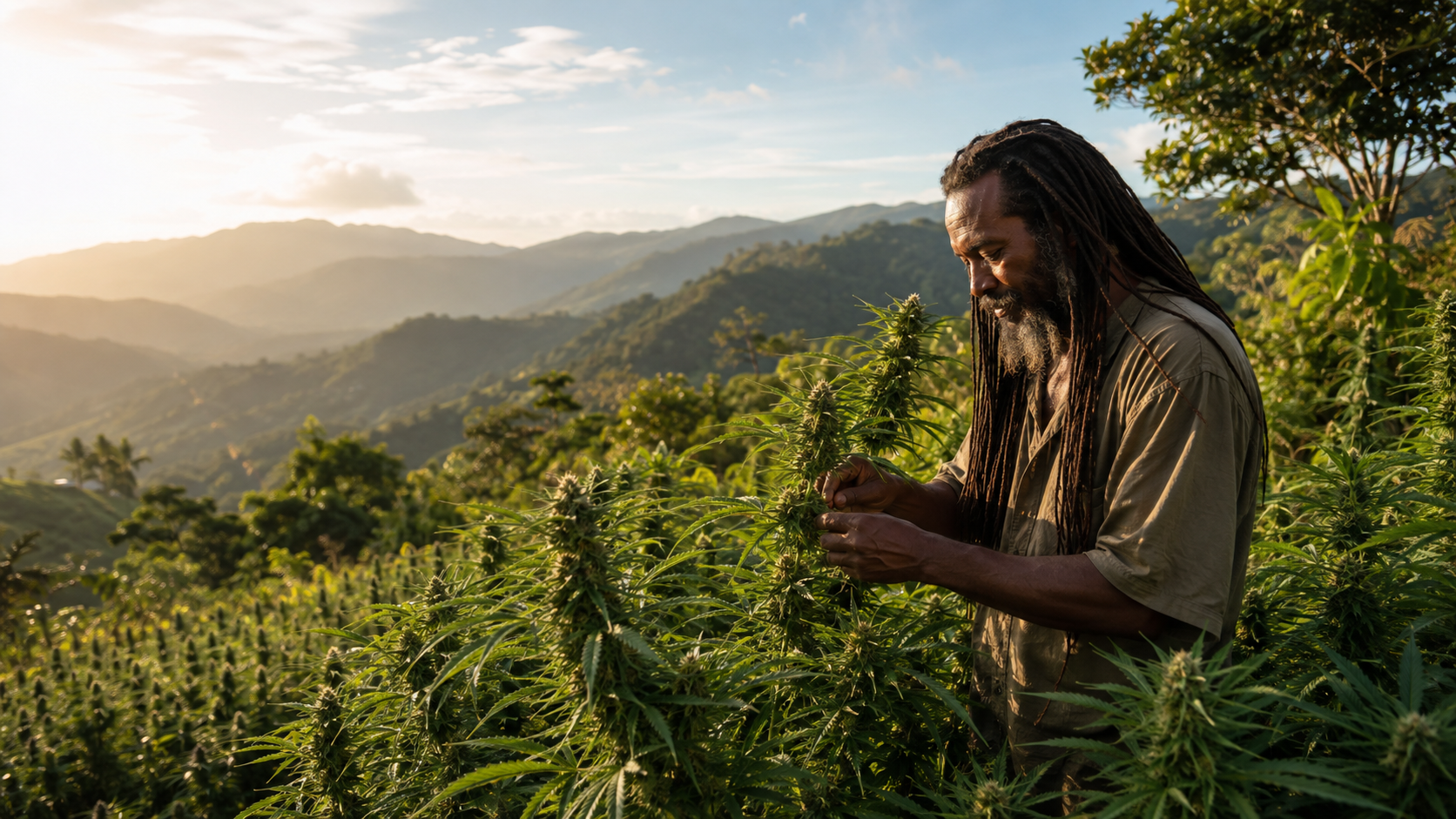 Jamaican farmer tending ganja on a tropical hillside