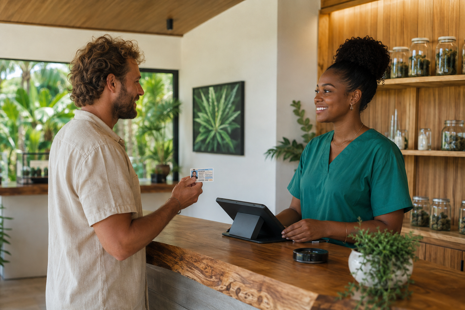 Adult visitor presenting photo identification at a Jamaican herb house