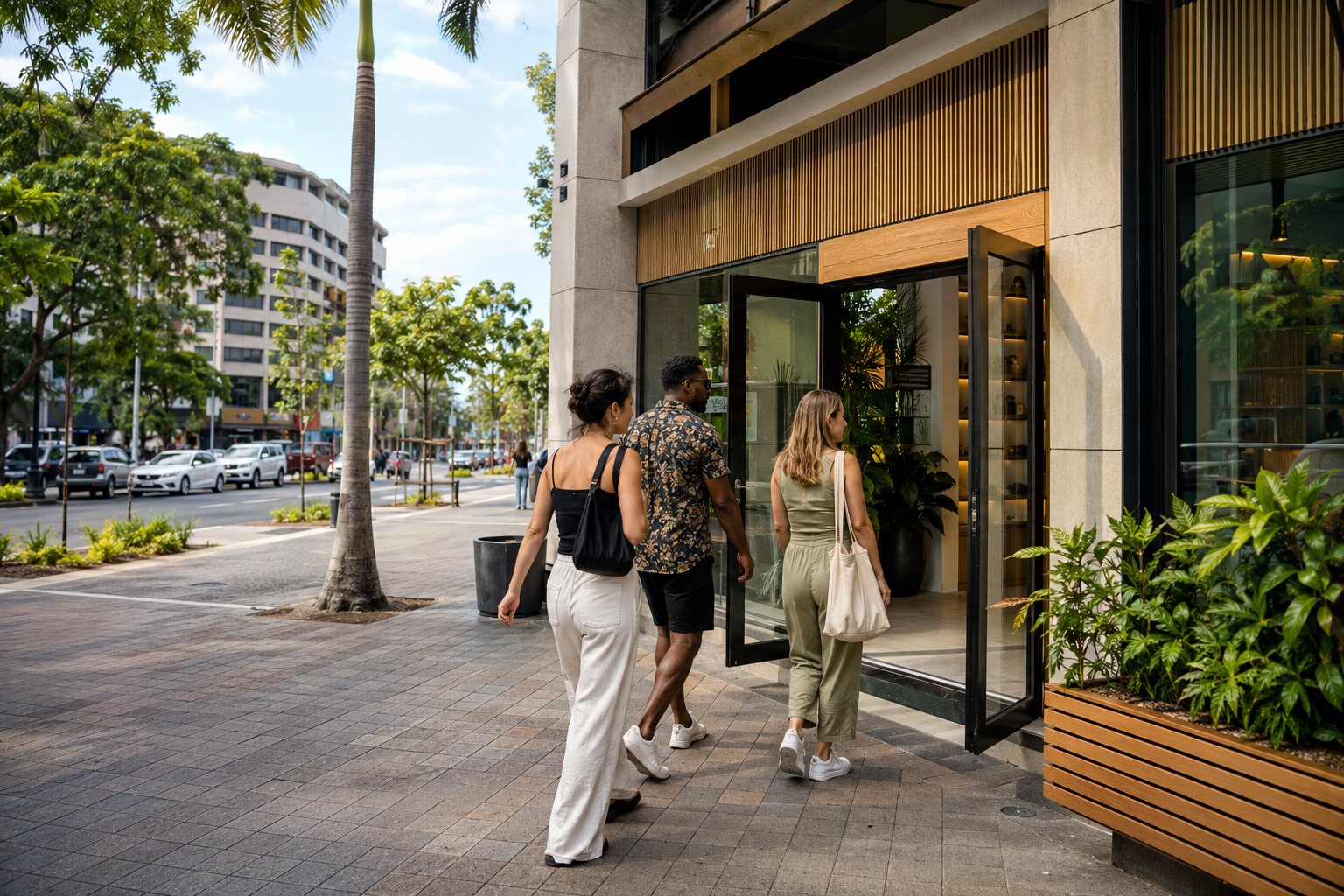 Adult visitors approaching a professional licensed retail storefront in Kingston