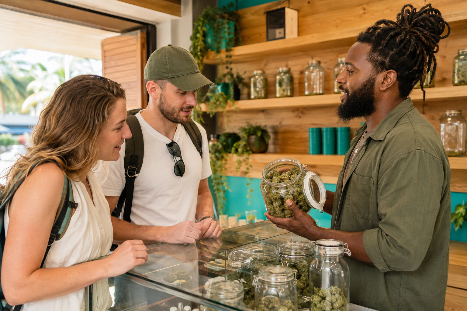 Visitors receiving guidance in a Jamaican herb house