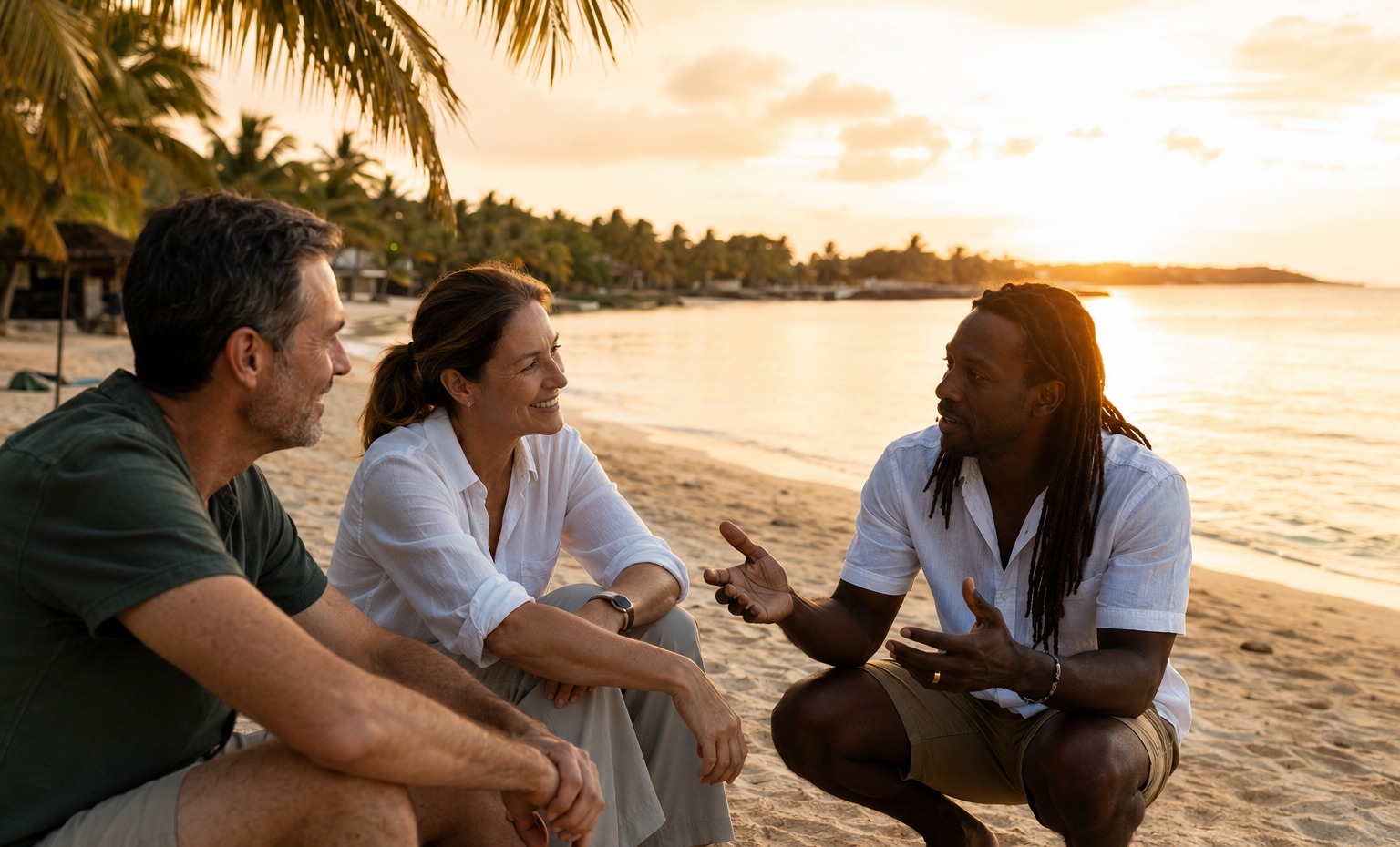Adult visitors speaking with a Jamaican local guide