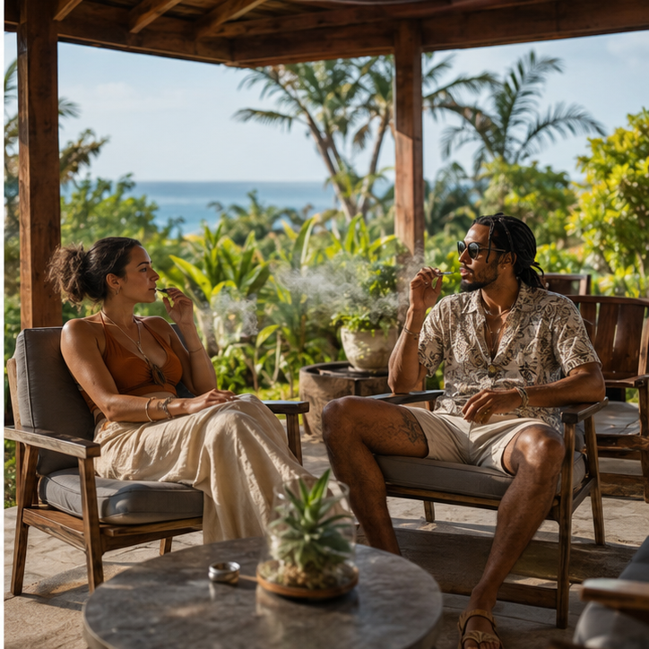 Adults using a designated open-air Jamaican consumption lounge