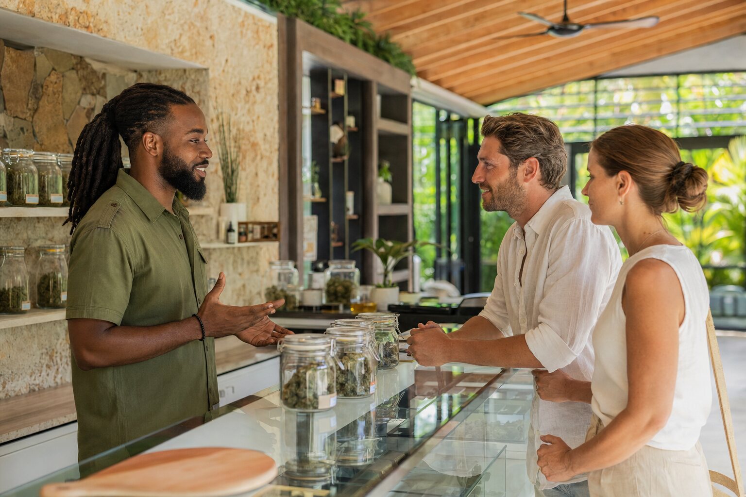 Travelers receiving guidance at a Jamaican herb house