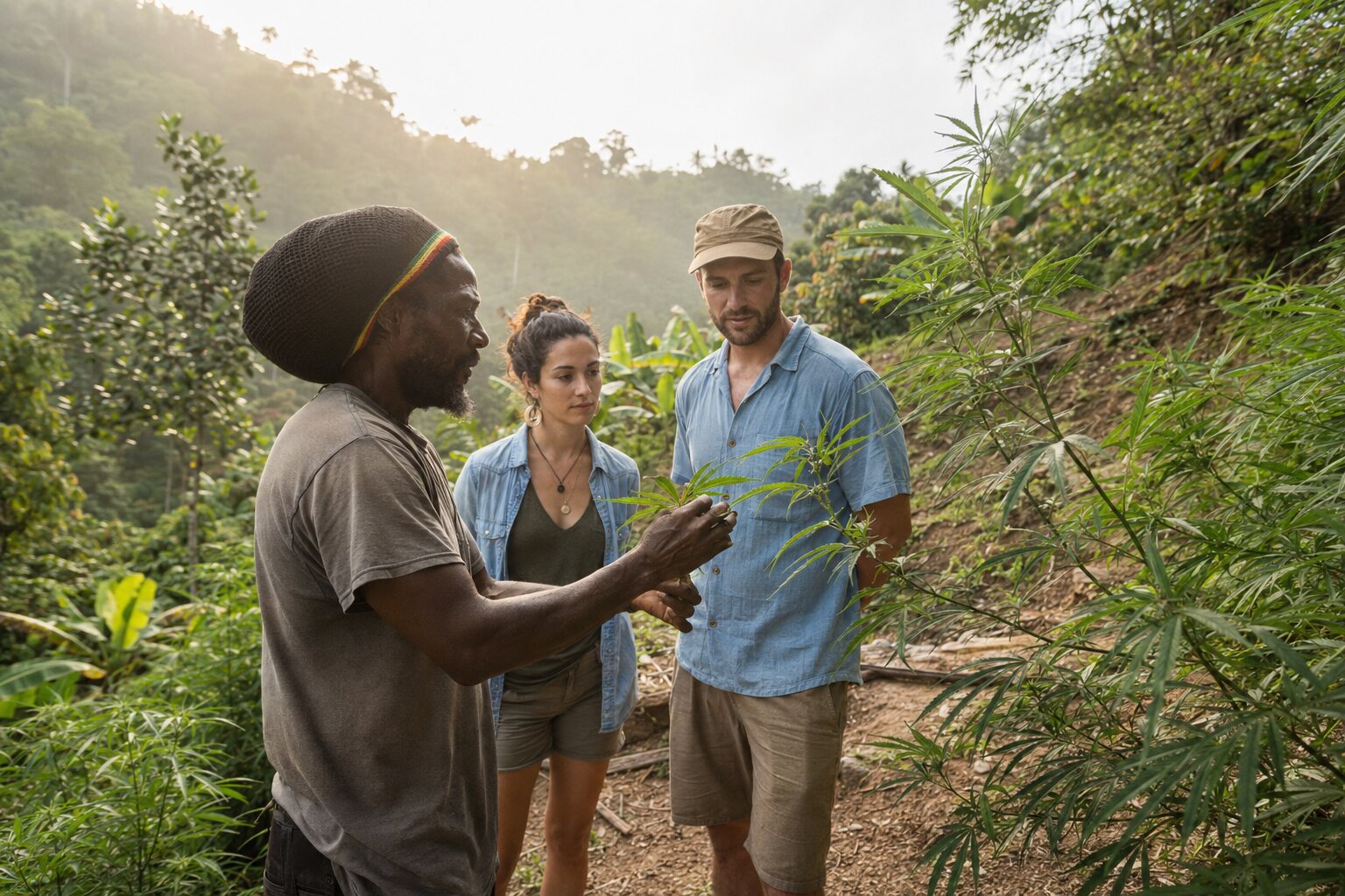 Visitors learning about Jamaican ganja cultivation from a local grower
