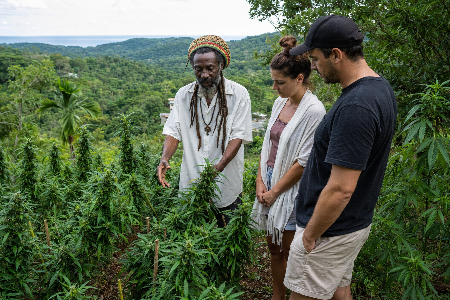 Visitors learning from a Rastafarian ganja farmer