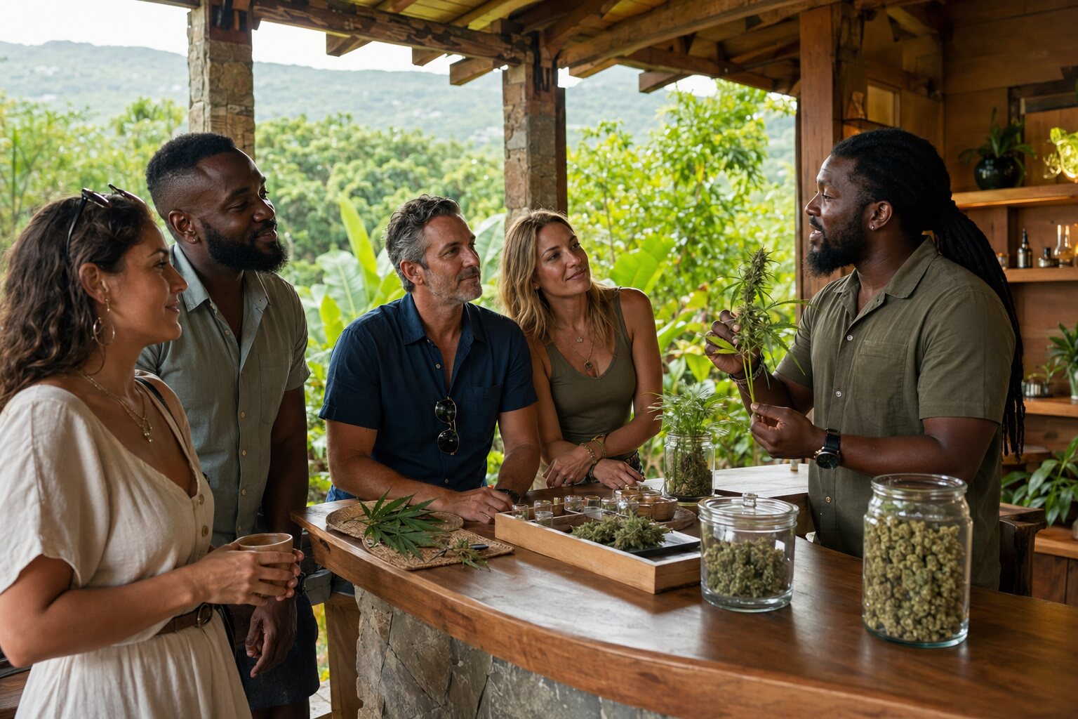 Adult visitors participating in a guided cannabis education experience on Jamaica's north coast