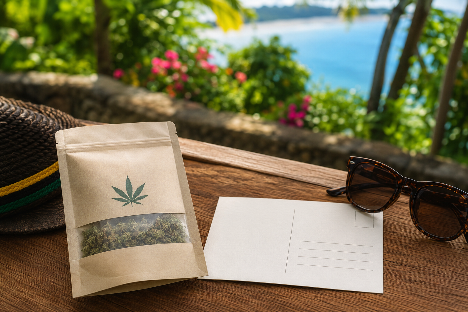 Sealed cannabis pouch beside a postcard on a Jamaican table
