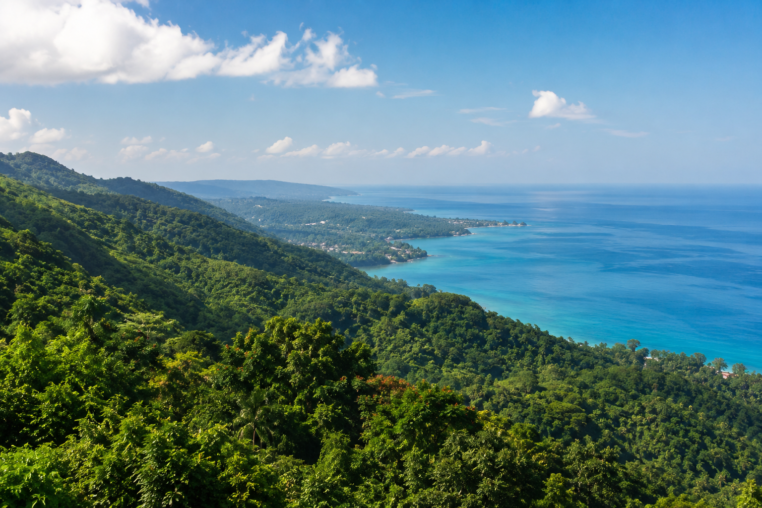 Rainforest hills meeting the Caribbean coast near Ocho Rios