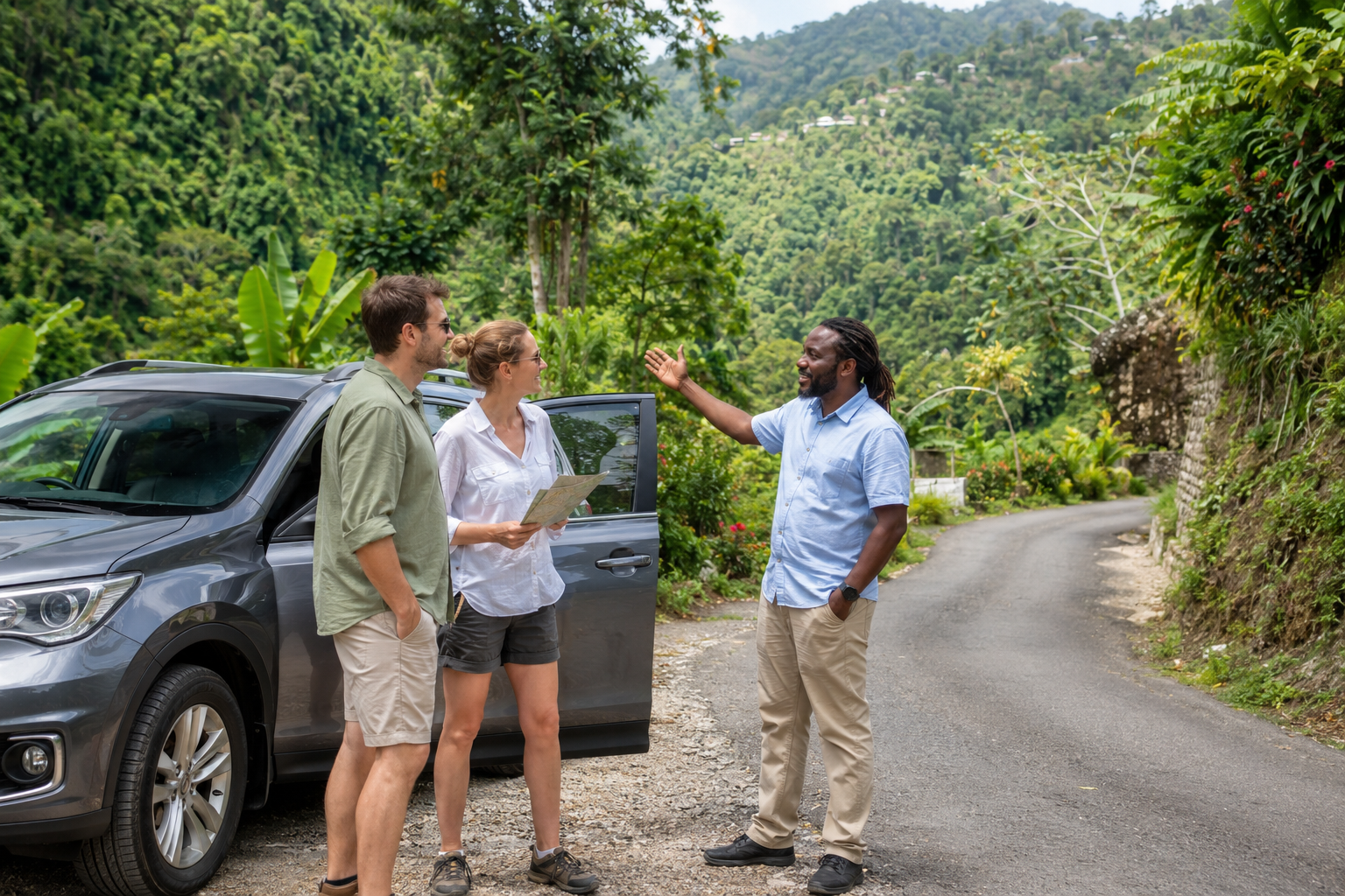 Travelers meeting a local driver-guide in Orange Hill