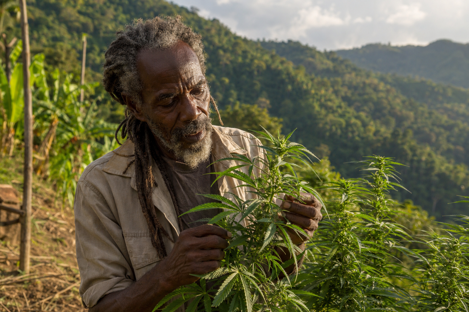 Jamaican farmer examining a cannabis plant