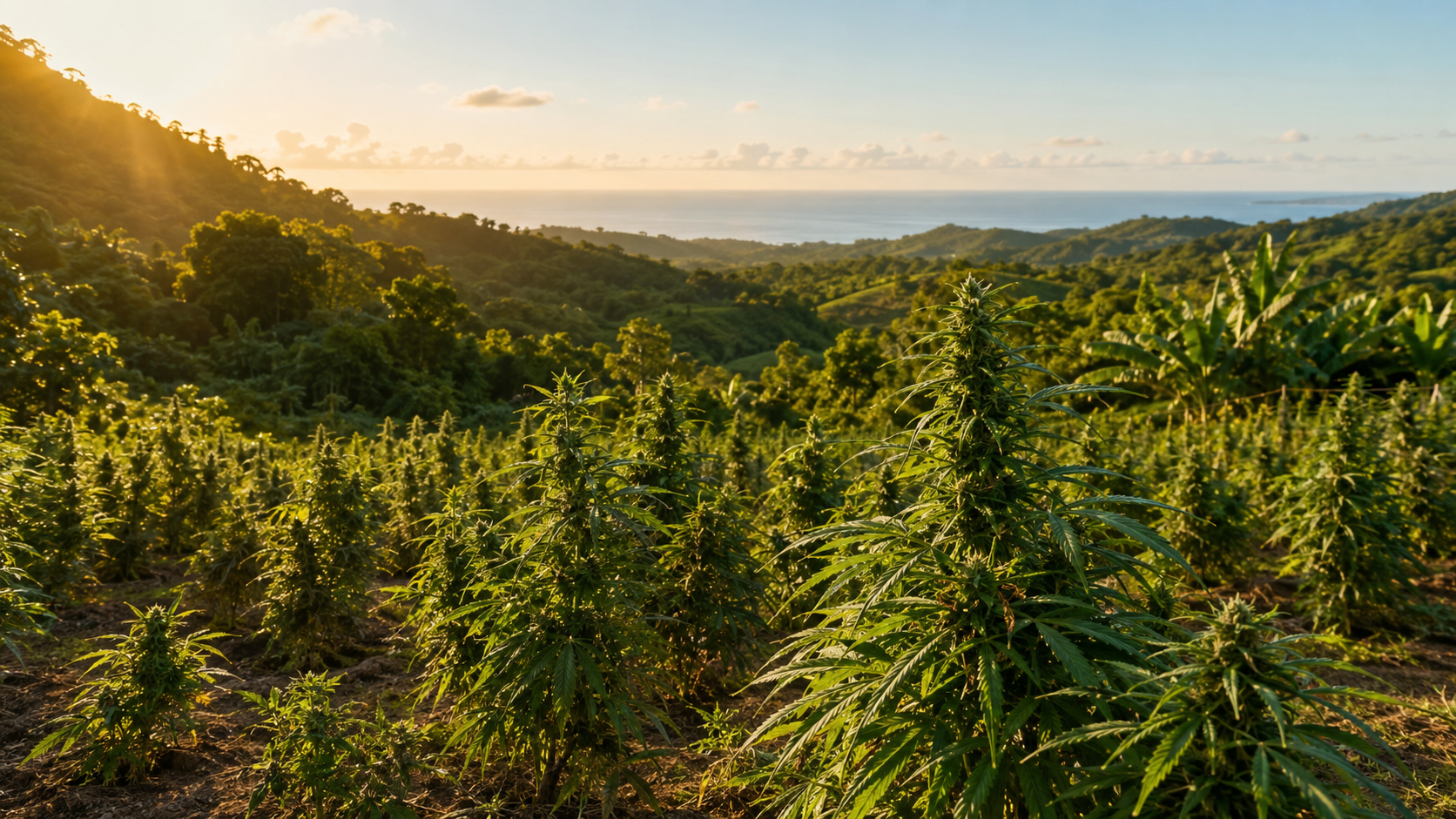 Sunlit cannabis plants on a Jamaican hillside