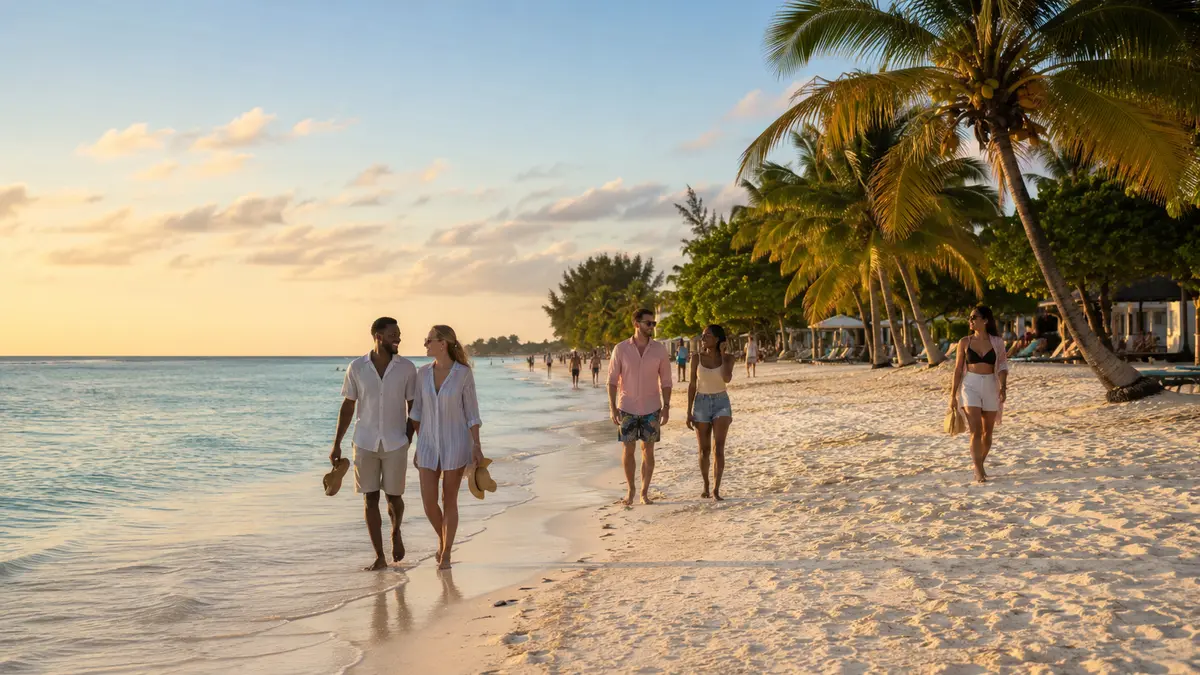 Visitors walking along a beach in Negril Jamaica