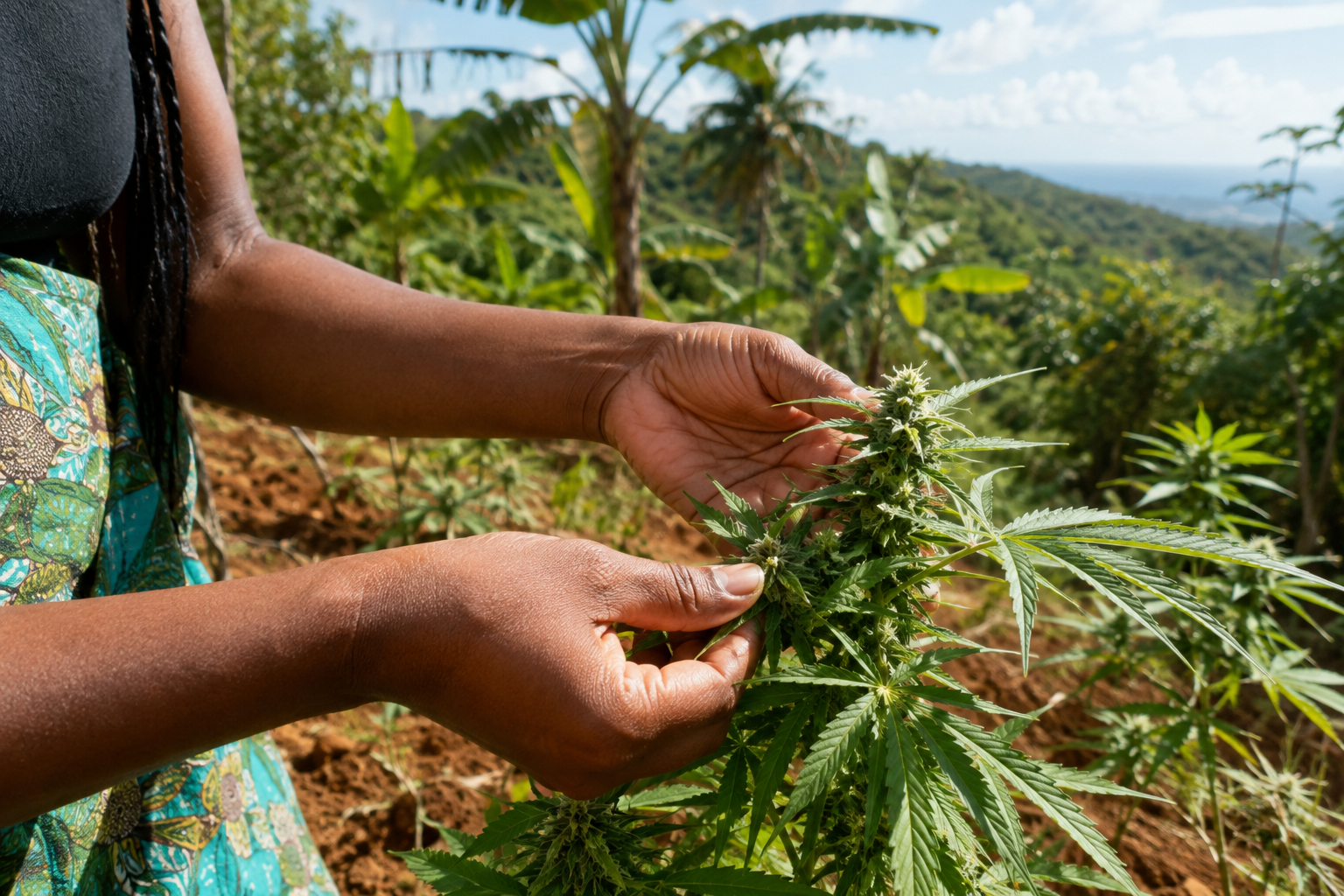 Jamaican grower examining an outdoor cannabis plant