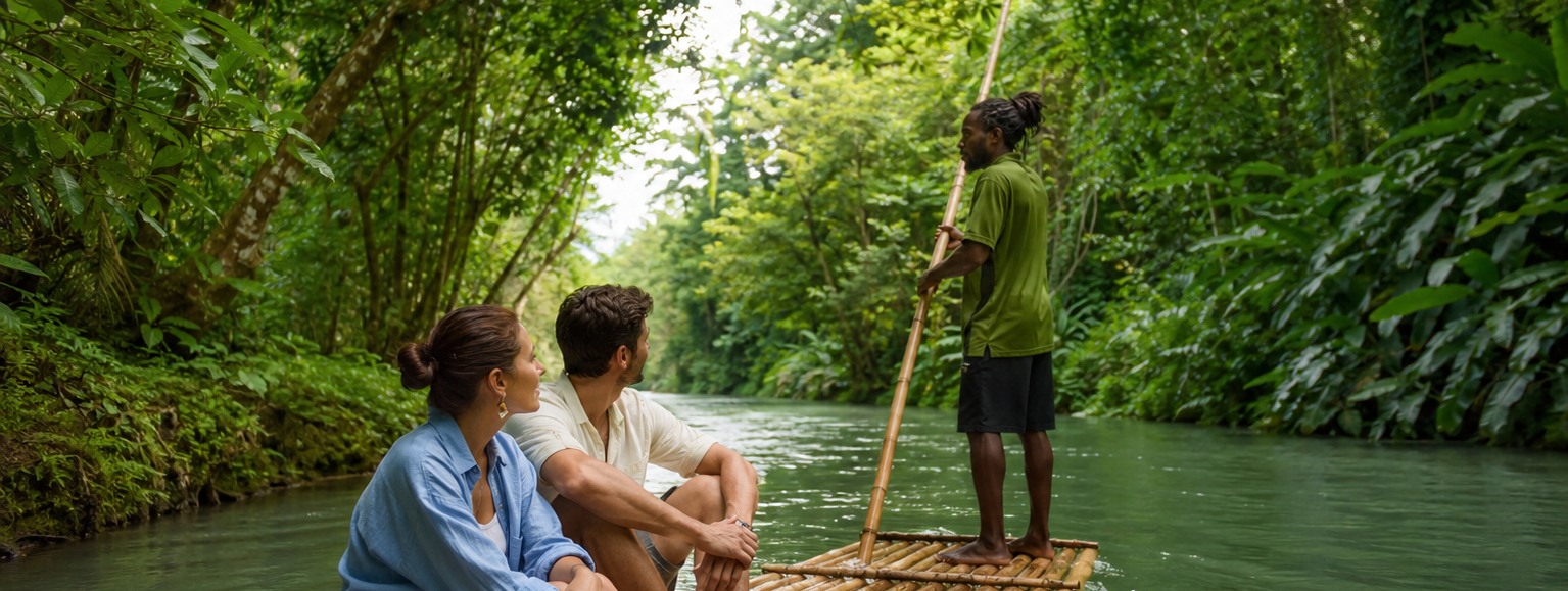Rafting through the lush landscape near Port Antonio