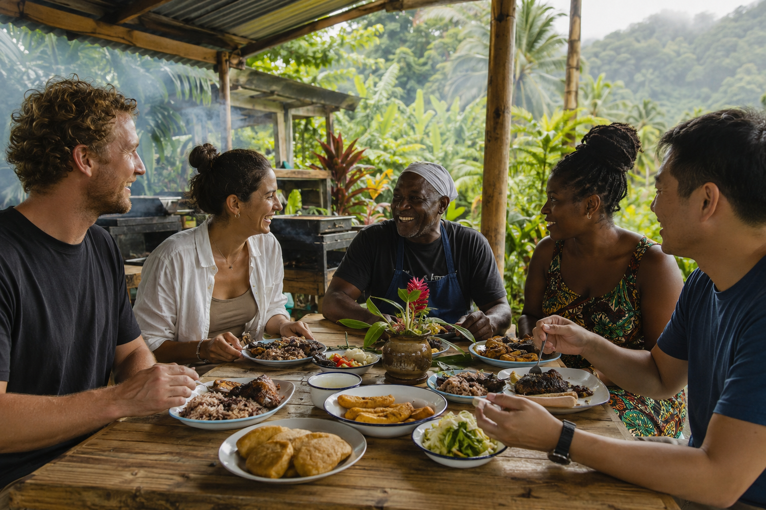 Visitors sharing Portland jerk food with local hosts