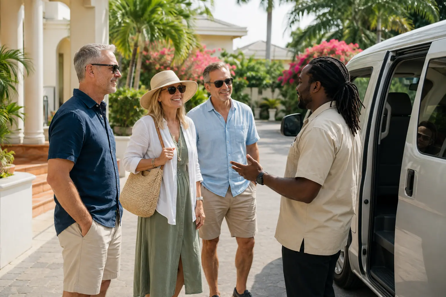 Travelers meeting their guide beside private tour transportation