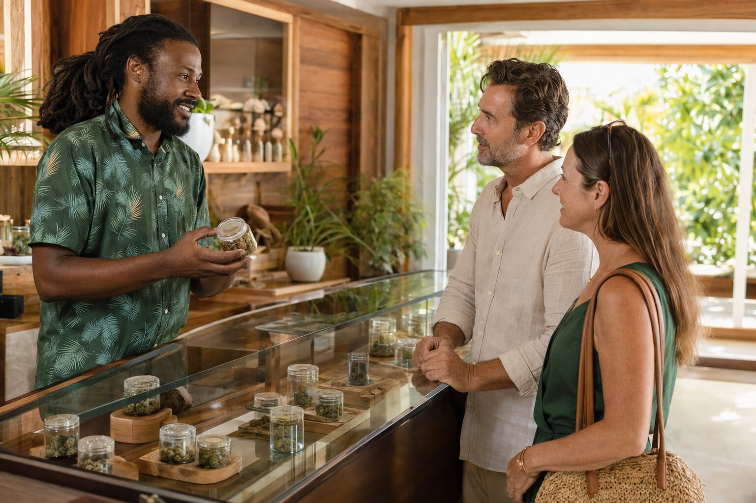 Visitor receiving product guidance in a Jamaican herb house