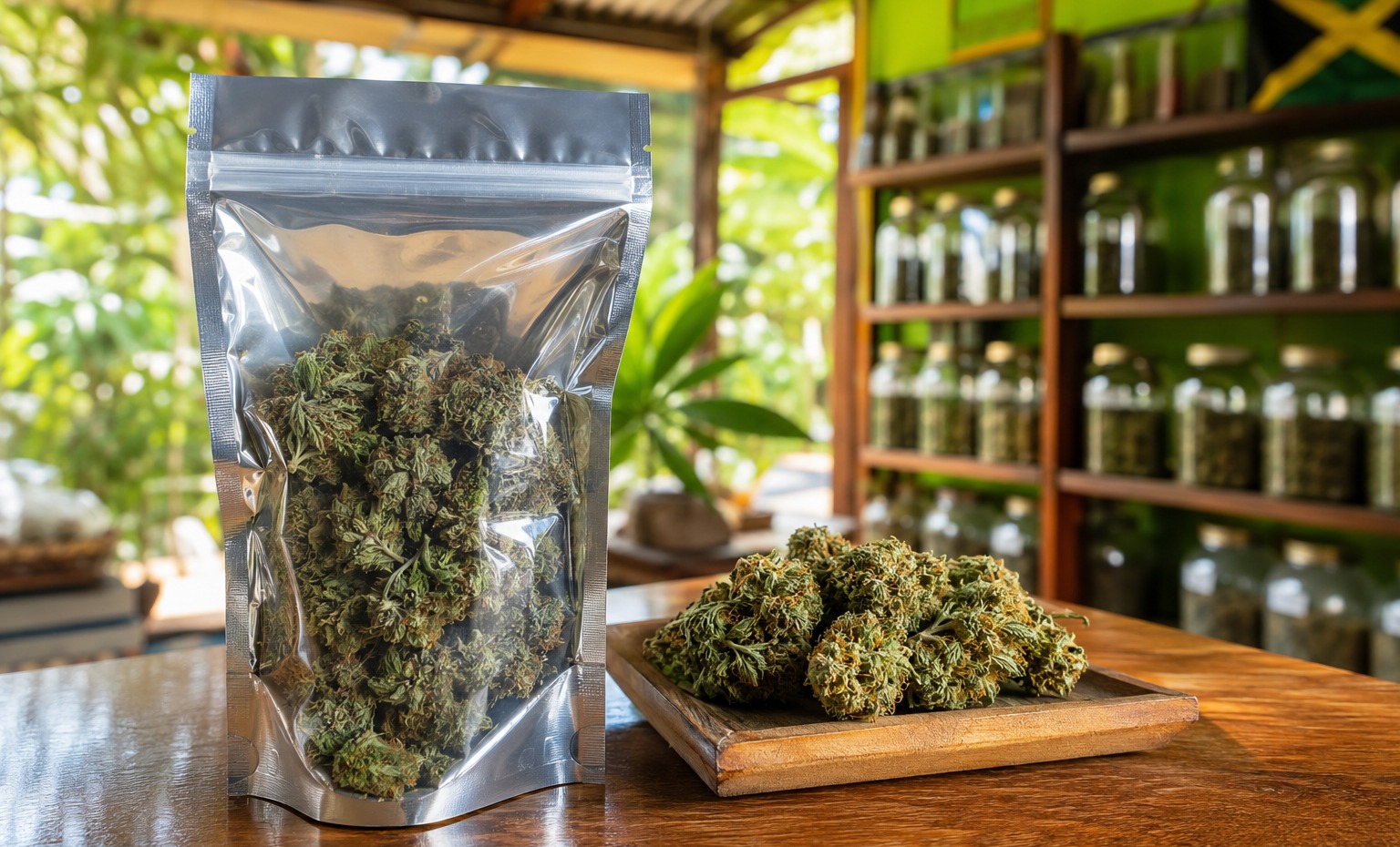 Packaged cannabis product at a licensed Jamaican herb house
