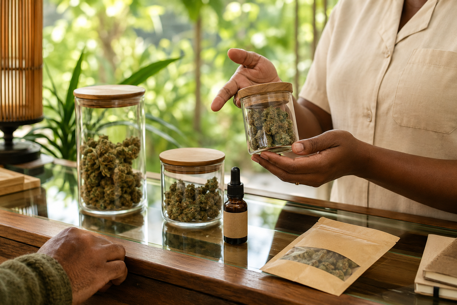 Herb-house staff explaining regulated cannabis products to adult visitors