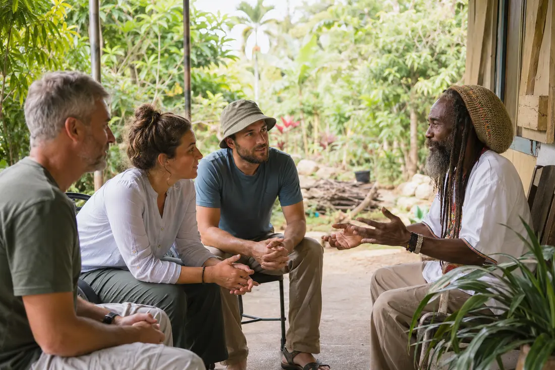 Visitors in modest clothing listening to a Rastafarian host in Jamaica