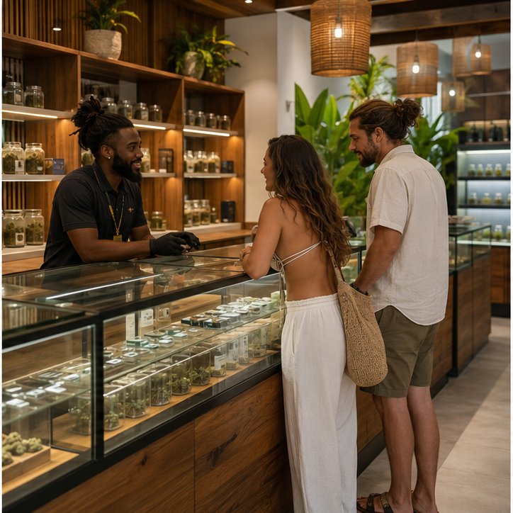 Adult visitors speaking with staff inside a Jamaican Herb House