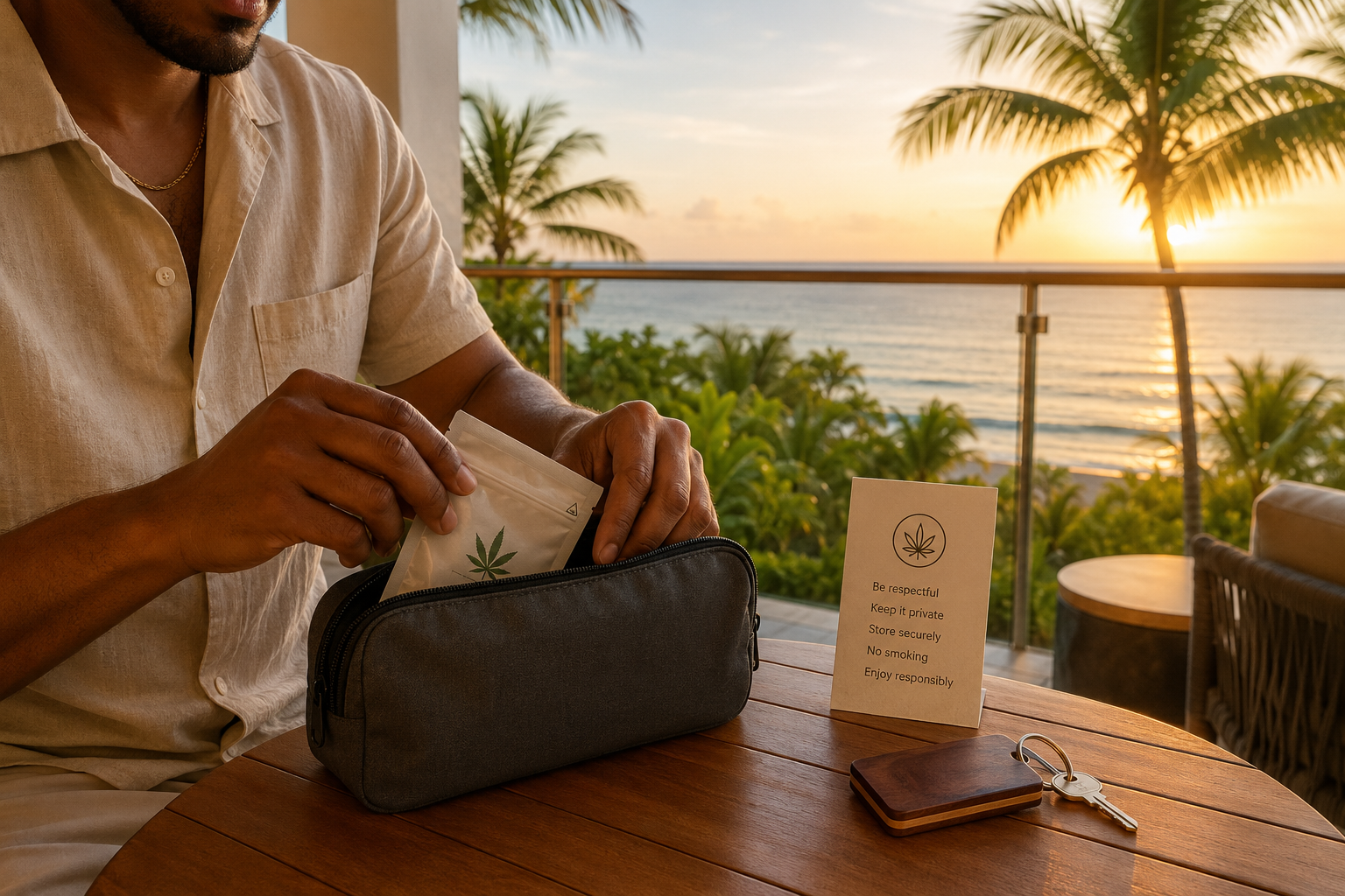 Visitor storing a sealed cannabis product securely at a Jamaican accommodation