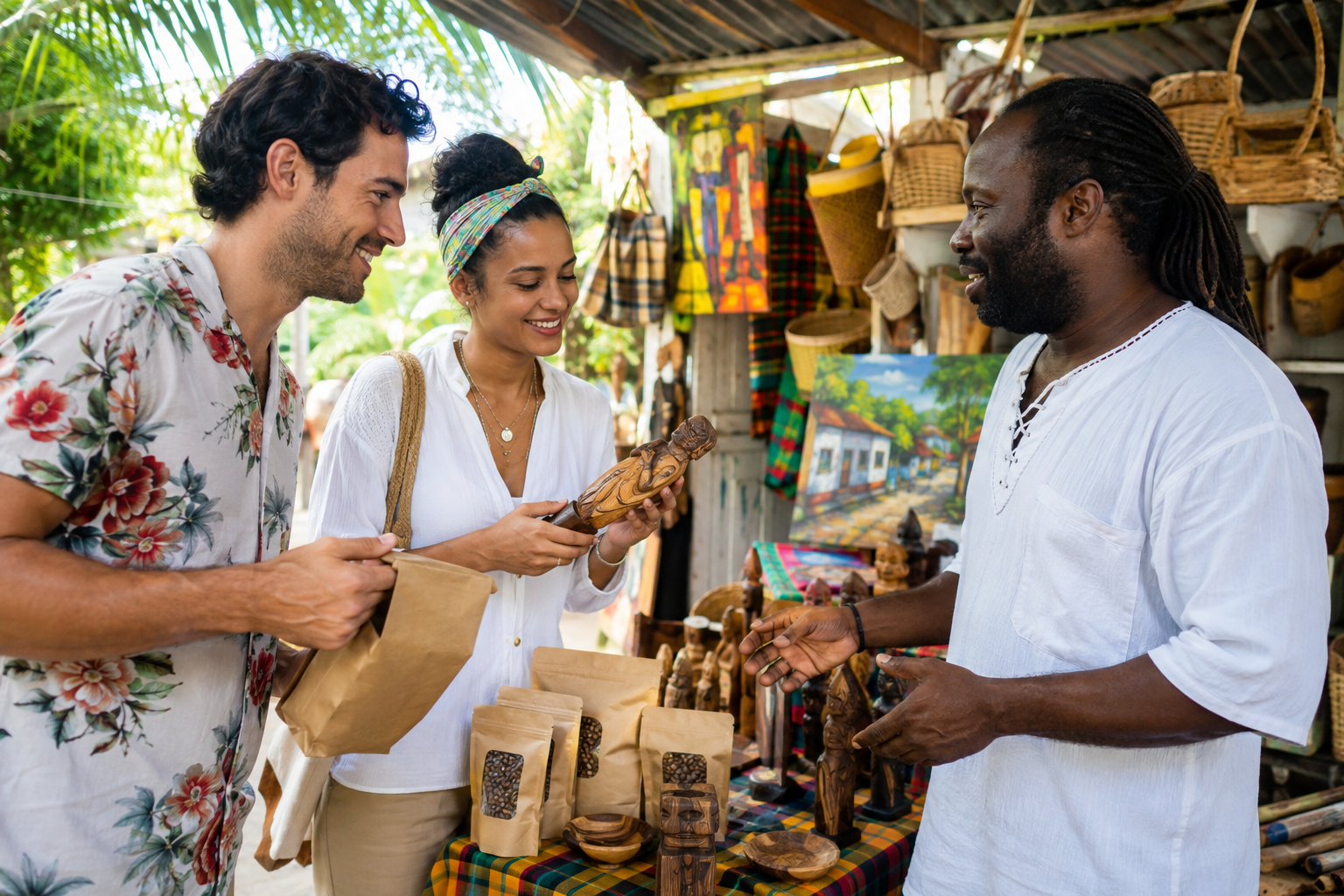 International visitors choosing Jamaican coffee and locally made crafts