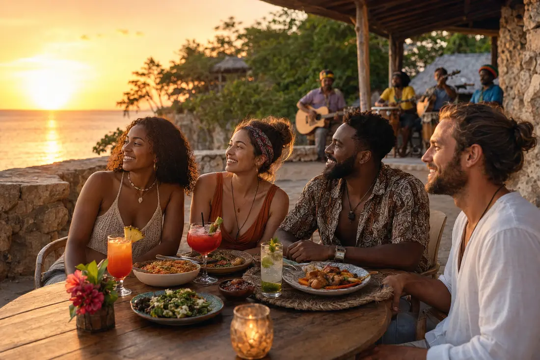 Friends enjoying dinner and live music at sunset in Negril