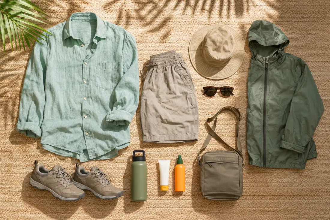 Practical Jamaica tour clothing, walking shoes, hat, rain shell and day bag