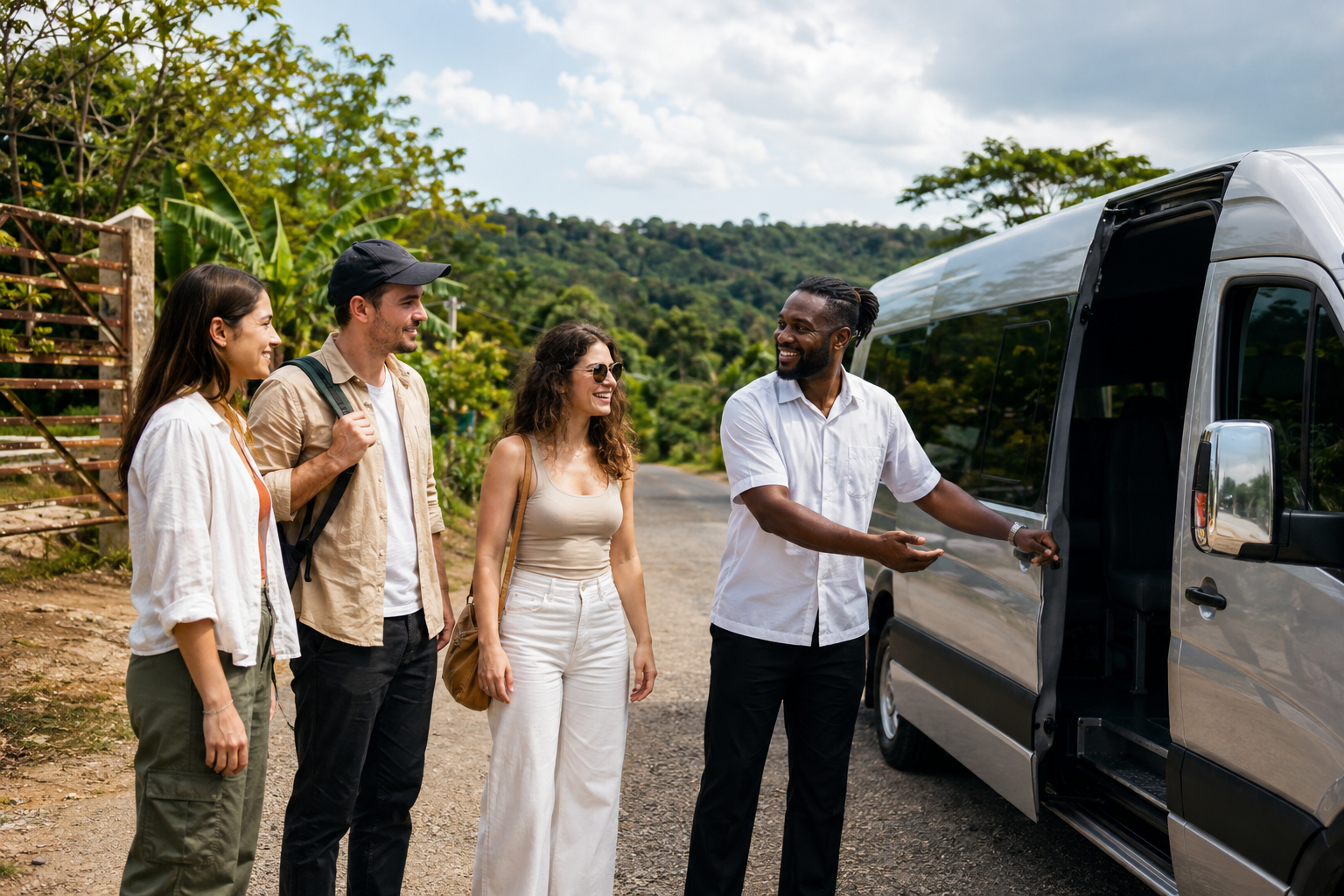 Professional Jamaican driver-guide helping tour guests board a passenger van