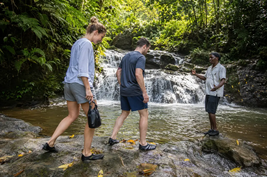 Tourists in quick-dry clothing and water shoes at a Jamaican waterfall