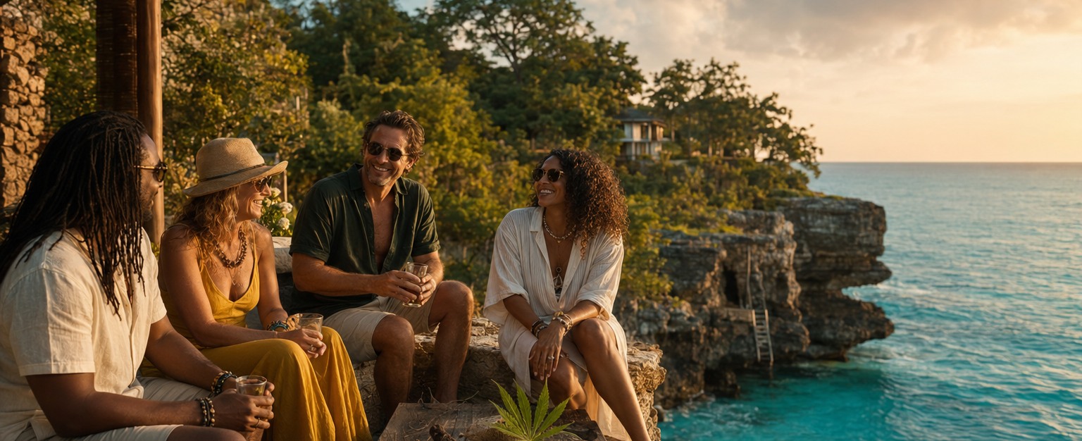Friends enjoying sunset on the cliffs in Jamaica